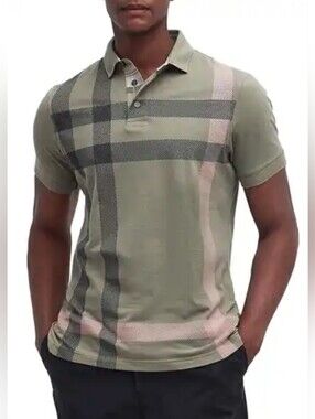 Barbour Blaine Polo Shirt Men's Sage Green Plaid Check Short Sleeve XXL EUC